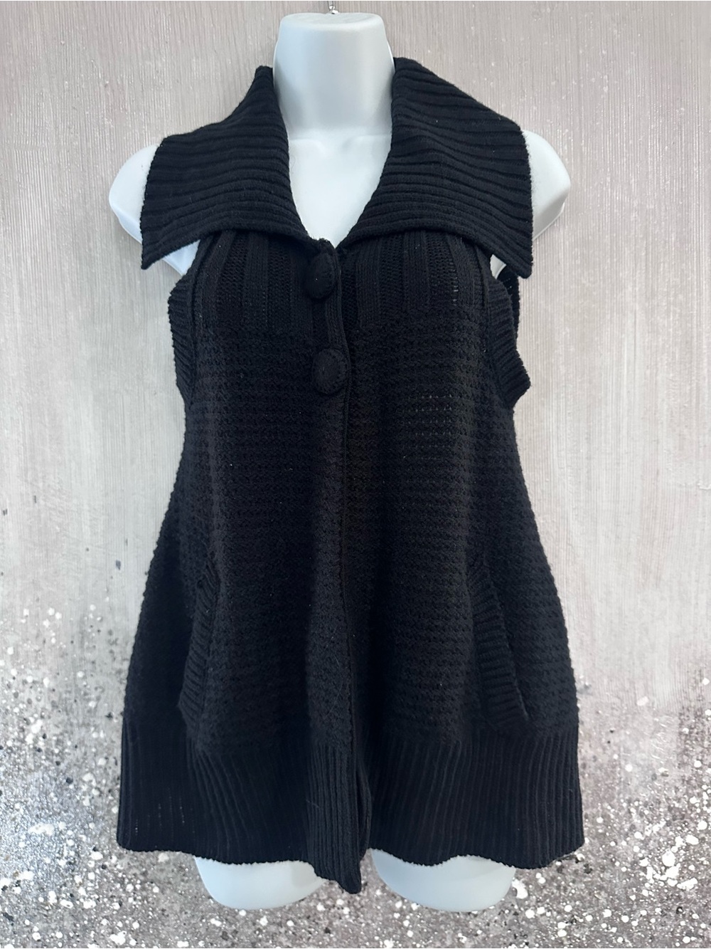 Say What? Black Sleeveless Button-Up Knit Cardigan Vest